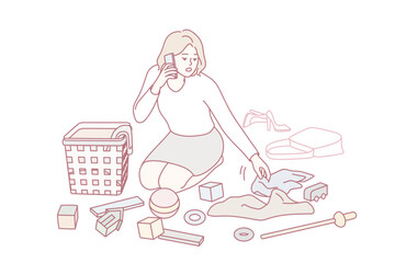 Young mother cleaning children room talking on cellphone. Mom tidy kids clothes on floor speaking on phone. Vector illustration.