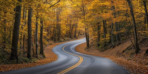 A winding road through a forest with autumn leaves, featuring a yellow and orange color palette, with a clear blue sky overhead.