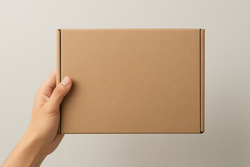 A person's hand holding a closed, blank brown cardboard box against a plain background.