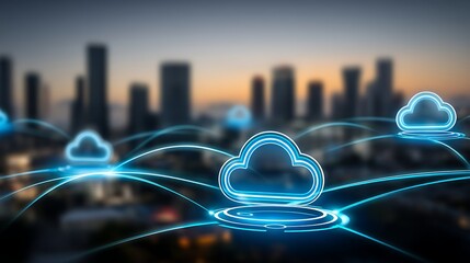 Cloud Computing Technology Illustrations Over Urban Landscape at Dusk with Connectivity Concept