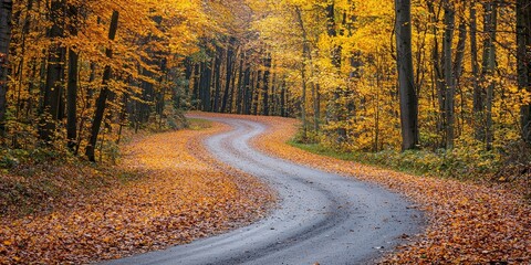 Fototapeta premium A winding road through a forest with autumn leaves, leading towards a distant point of interest.