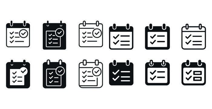 Black and white checklist icons: calendars and to-do lists