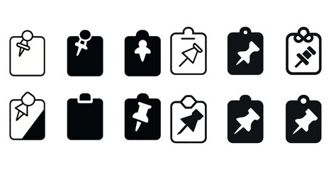 Assorted clipboard icons with pushpins in black and white designs