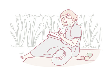 Woman sitting in field reading book. Happy girl enjoy summer picnic with magazine or textbook. Summertime relaxation. Vector illustration.