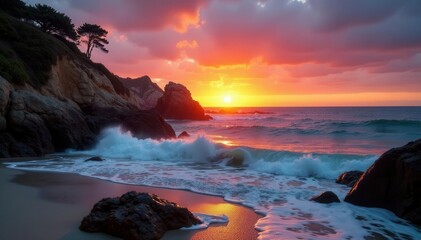 Dramatic sunrise hues illuminate La Jolla Cove's rugged beauty , dramatic, cliffs