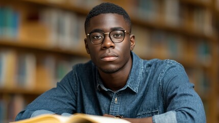 In a cozy library setting, a focused young Black man wearing glasses sits at a wooden table. He appears deep in thought as he studies an open book, with shelves of books behind him