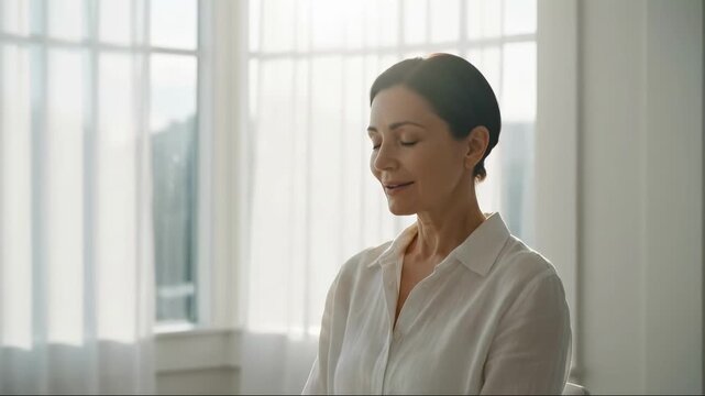 A middle-aged woman with eyes closed practices deep breathing exercises. Relaxed person meditating in a bright room for stress relief. Mindfulness and mental well-being concept