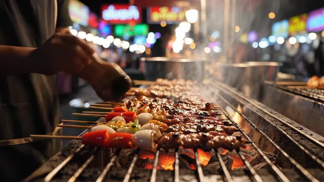 A street food vendor grills various skewers over hot charcoal at a bustling night market, creating a delicious and authentic Asian culinary experience with warm lighting and smoke