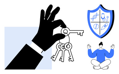 Obraz premium Hand gripping keys beside shield icon with medical and wellness symbols and meditating person. Ideal for security, health protection, mindfulness, wellness, self-care, solutions, simple flat metaphor