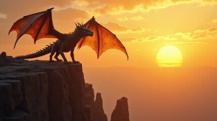 Majestic Dragon Perched on a Cliff During a Golden Sunset.