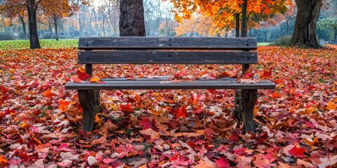 A wooden bench covered in autumn leaves, surrounded by trees with colorful leaves, in a park setting with a foggy atmosphere.