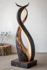 Modern charred wood driftwood sculpture with organic form
