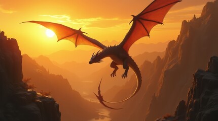 Majestic Dragon Soaring Through a Canyon at Golden Sunset.