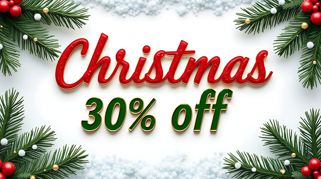 Christmas thirty percent off text with pine branches and snow on white background 4k  and hd image