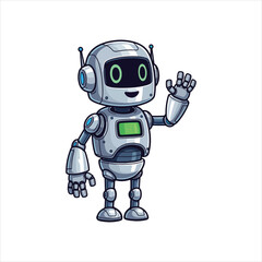 Fototapeta premium Cartoon illustration of a friendly, silver robot with a smiling face waving its hand on a white background.