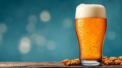 Refreshing Glass of Beer with Foam on a Wooden Table Surrounded by Barley and Hops Against a Blurred Background