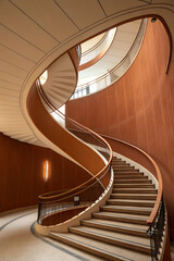 Abstract spiral staircase in warm brown tones with elegant modern architectural curves