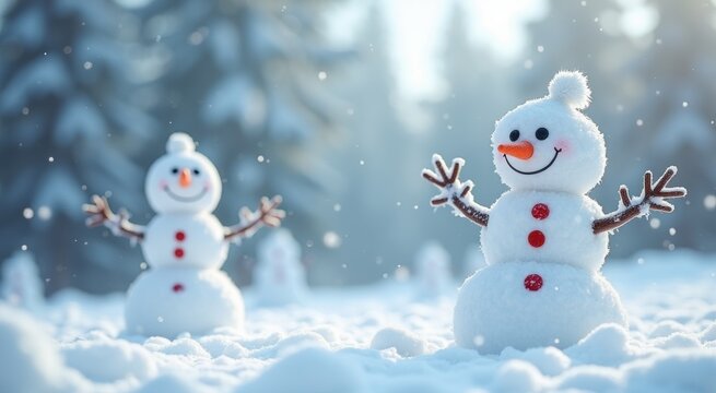 Two snowmen that are standing in the snow - Powered by Adobe