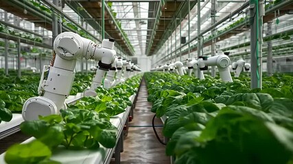 Automated robotic arms tending to lush green plants inside a modern greenhouse environment