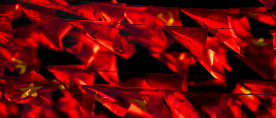 Vietnamese Flags Hanging in Hanoi Old Quarter at Night During 80th National Day Celebration