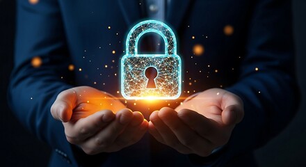 Businessman holding a glowing digital padlock, symbolizing data security and privacy in the digital age.