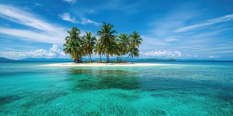 A serene tropical island with a white sand beach, crystal-clear turquoise waters, and lush green palm trees under a clear blue sky with a few scattered clouds.