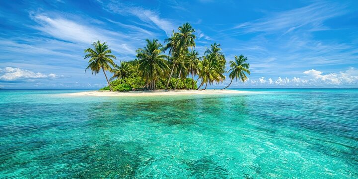 A serene tropical island with a white sand beach, crystal-clear turquoise waters, and lush green palm trees under a bright blue sky with scattered white clouds.