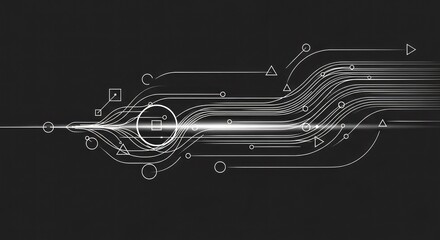 Abstract digital lines and shapes on dark background.