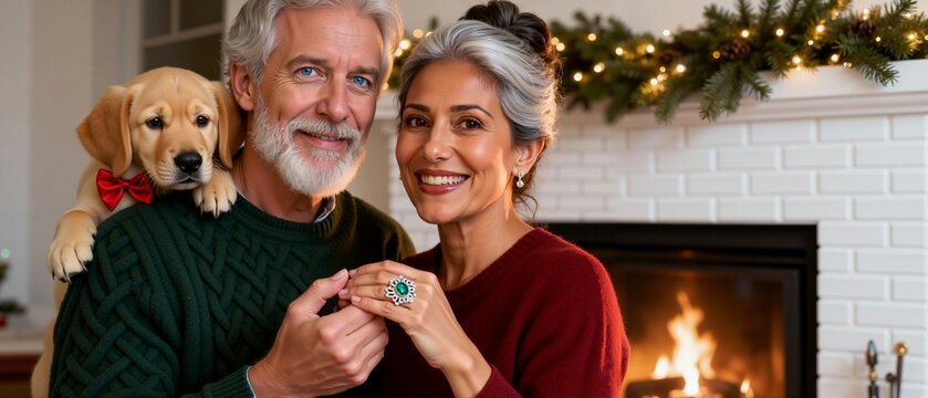 Happy mature couple with a labrador puppy posing for a Christmas portrait. Senior family smiling by a cozy fireplace in a festive home setting - Powered by Adobe
