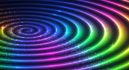 Abstract colorful spiral with glowing lights and particles on a dark background.