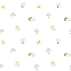 Seamless pattern with watercolor sun, clouds, rain and rainbow. Cute repeating weather design for kids textiles, nursery decor, wrapping paper, fabric prints, children’s products. Isolated background.