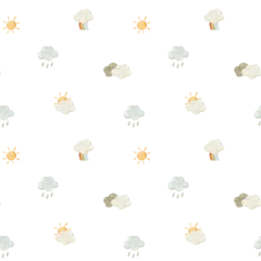 Seamless pattern with watercolor sun, clouds, rain and rainbow. Cute repeating weather design for kids textiles, nursery decor, wrapping paper, fabric prints, children’s products. Isolated background. © Eva Gentle