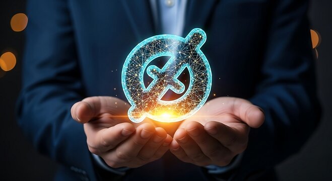 Businessman holding a glowing digital symbol representing a ban or restriction.