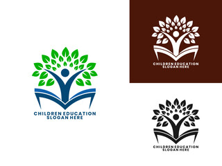 Education logo design template. People combination with books and leaves logo design vector template. Children education logo design vector template