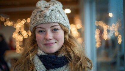 Young woman wearing warm knitted headwear smiles gently with bright background illumination