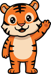 Cartoon tiger character, cute animal mascot, smiling jungle creature, waving tiger illustration, friendly wild cat, children’s educational design