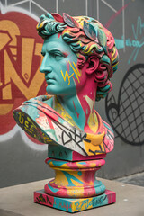 Statue bust painted in vibrant colors with graffiti details, contemporary collage style