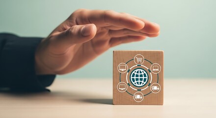 Hand protecting a wooden cube with a global network icon, symbolizing protection and connectivity