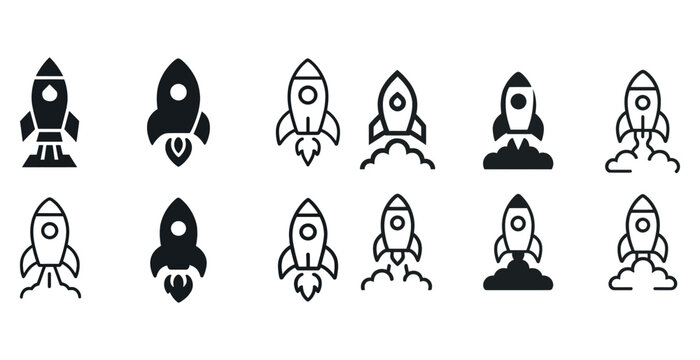 Collection of rocket icon variations in different styles and shapes
