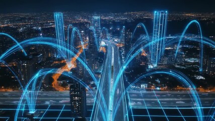 Futuristic smart city with glowing blue data streams connecting skyscrapers over a highway at night - Powered by Adobe