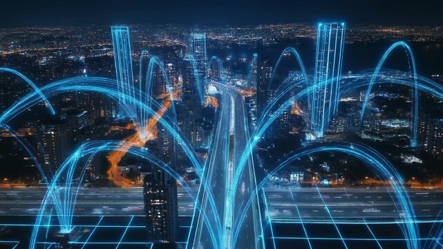 Futuristic smart city with glowing blue data streams connecting skyscrapers over a highway at night