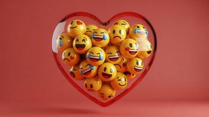 Heart full of diverse emoji expressions, love and communication concept on pink background.