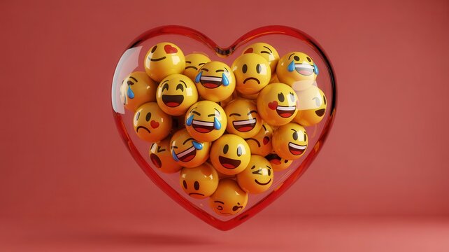Heart full of diverse emoji expressions, love and communication concept on pink background. - Powered by Adobe