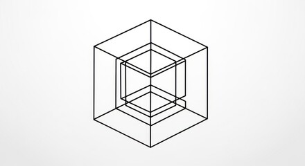 Abstract geometric line drawing of transparent nested cubes on white.