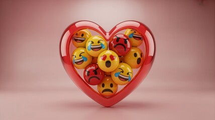 A collection of 3d emojis representing various emotions contained within a red glass heart.