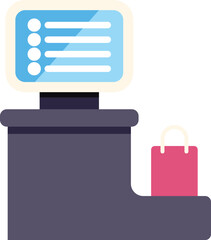 Empty checkout counter with a monitor showing a waiting queue and a shopping bag on a white background