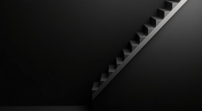 A close up of a staircase in a dark room with a black wall