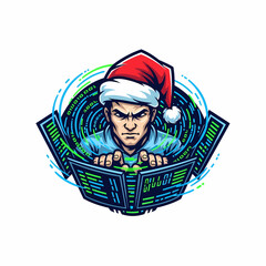 Illustration of a hacker programmer with santa hat coding at christmas