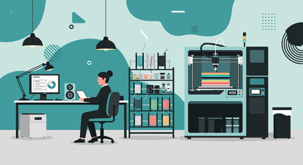 Modern workplace showcasing a designer using 3D printer technology for innovative design projects
