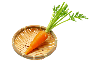 Single fresh organic carrot with green top in a bamboo basket, isolated on transparent background png